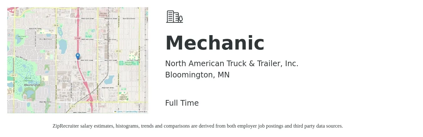North American Truck & Trailer, Inc. job posting for a Mechanic in Bloomington, MN with a salary of $25 to $33 Hourly with a map of Bloomington location.