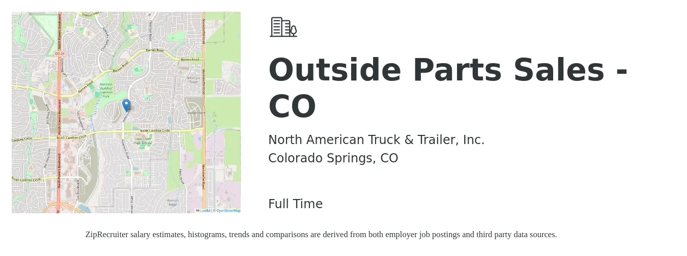 North American Truck & Trailer, Inc. job posting for a Outside Parts Sales - CO in Colorado Springs, CO with a salary of $51,700 to $88,700 Yearly with a map of Colorado Springs location.