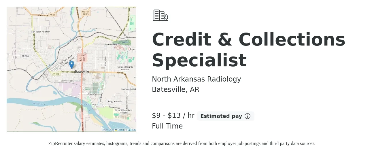 North Arkansas Radiology job posting for a Credit & Collections Specialist in Batesville, AR with a salary of $10 to $14 Hourly with a map of Batesville location.