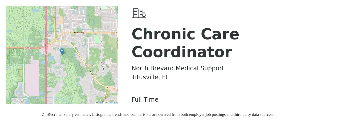 North Brevard Medical Support job posting for a Chronic Care Coordinator in Titusville, FL with a salary of $16 to $22 Hourly with a map of Titusville location.