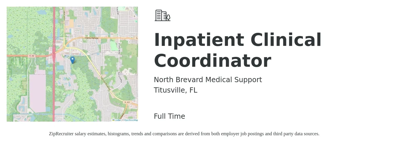 North Brevard Medical Support job posting for a Inpatient Clinical Coordinator in Titusville, FL with a salary of $18 to $30 Hourly with a map of Titusville location.