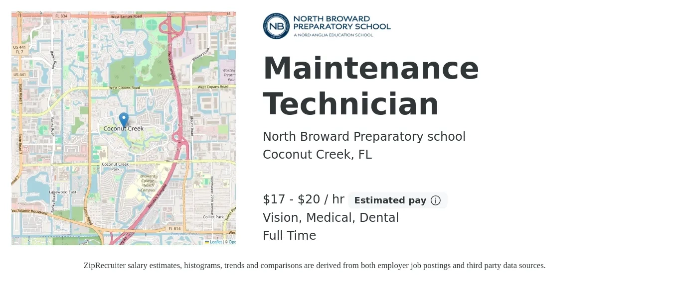 North Broward Preparatory school job posting for a Maintenance Technician in Coconut Creek, FL with a salary of $18 to $21 Hourly and benefits including dental, life_insurance, medical, retirement, and vision with a map of Coconut Creek location.