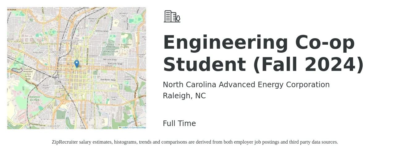 North Carolina Advanced Energy Corporation job posting for a Engineering Co-op Student (Fall 2024) in Raleigh, NC with a salary of $24 to $36 Hourly with a map of Raleigh location.