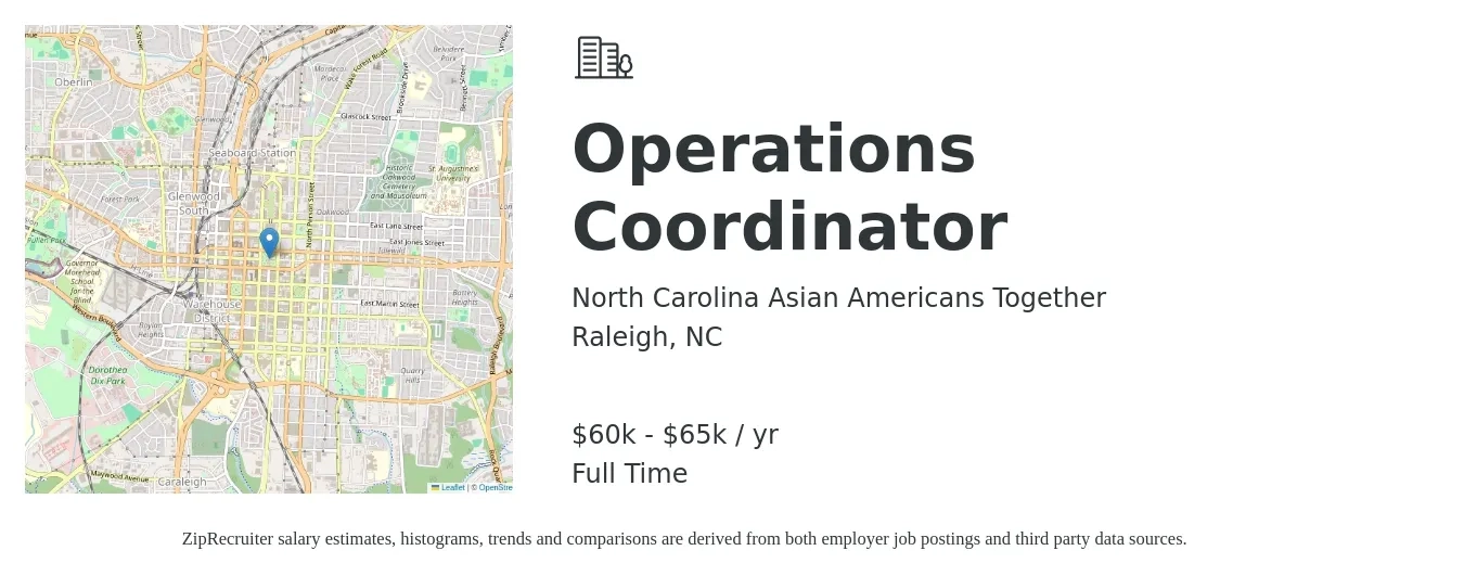 North Carolina Asian Americans Together job posting for a Operations Coordinator in Raleigh, NC with a salary of $60,000 to $65,000 Yearly with a map of Raleigh location.