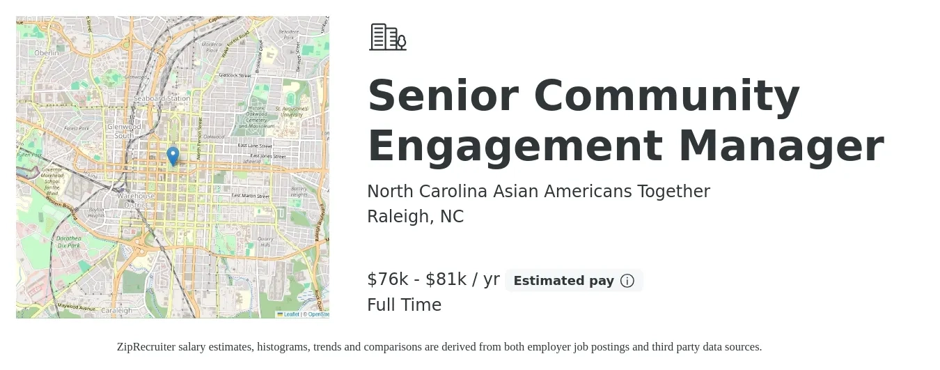 North Carolina Asian Americans Together job posting for a Senior Community Engagement Manager in Raleigh, NC with a salary of $76,500 to $81,000 Yearly with a map of Raleigh location.