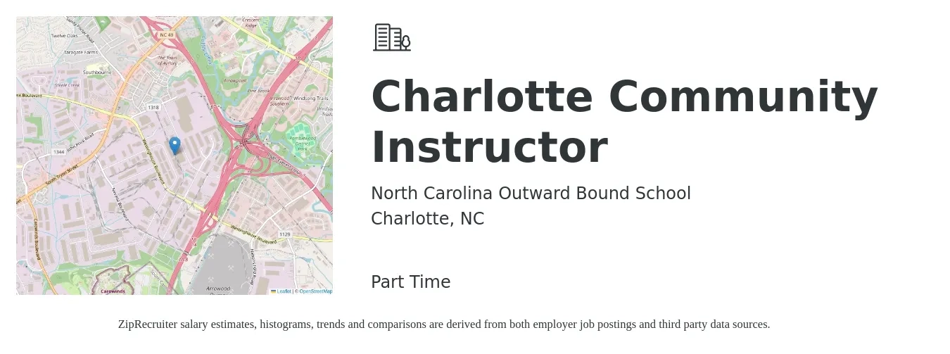 North Carolina Outward Bound School job posting for a Charlotte Community Instructor in Charlotte, NC with a salary of $140 Daily with a map of Charlotte location.