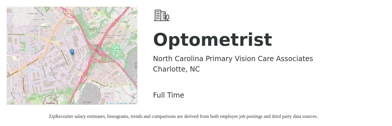 North Carolina Primary Vision Care Associates job posting for a Optometrist in Charlotte, NC with a salary of $90,000 to $134,100 Yearly with a map of Charlotte location.