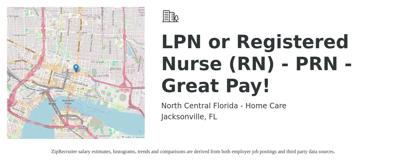 North Central Florida - Home Care job posting for a LPN or Registered Nurse (RN) - PRN - Great Pay! in Jacksonville, FL with a salary of $30 to $48 Hourly with a map of Jacksonville location.
