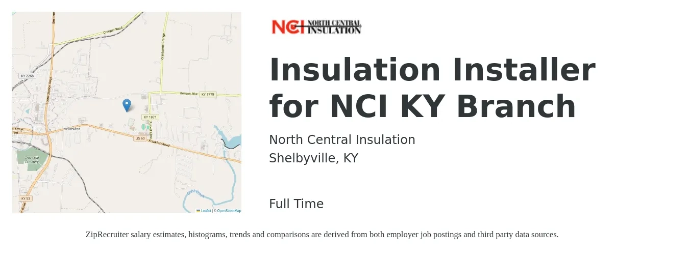 North Central Insulation job posting for a Insulation Installer for NCI KY Branch in Shelbyville, KY with a salary of $19 Hourly with a map of Shelbyville location.