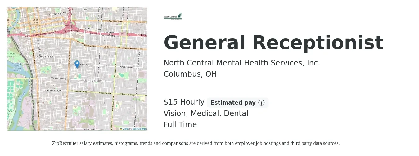 North Central Mental Health Services, Inc. job posting for a General Receptionist in Columbus, OH with a salary of $33,280 Hourly and benefits including dental, life_insurance, medical, retirement, and vision with a map of Columbus location.
