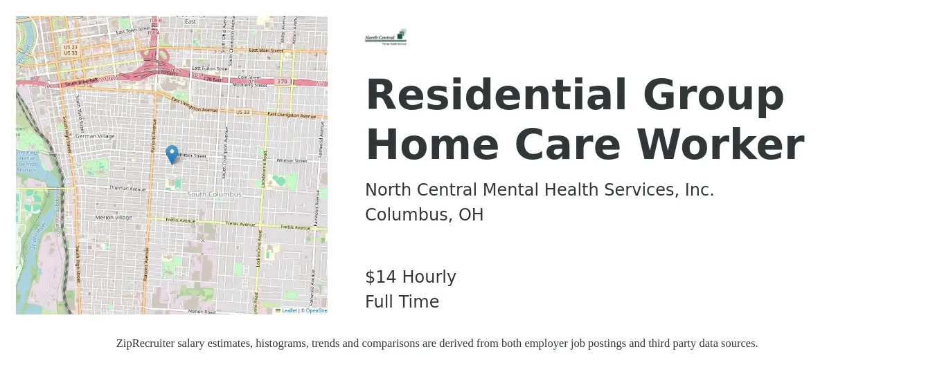 North Central Mental Health Services, Inc. job posting for a Residential Group Home Care Worker in Columbus, OH with a salary of $15 Hourly and benefits including retirement, vision, dental, life_insurance, and medical with a map of Columbus location.