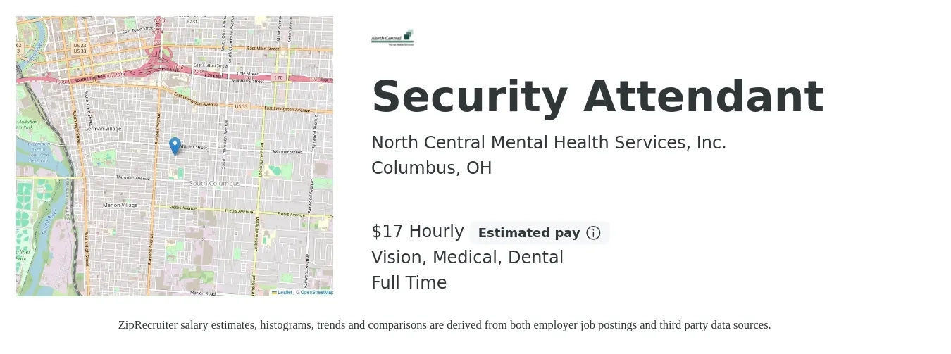 North Central Mental Health Services, Inc. job posting for a Security Attendant in Columbus, OH with a salary of $18 Hourly and benefits including medical, retirement, vision, dental, and life_insurance with a map of Columbus location.