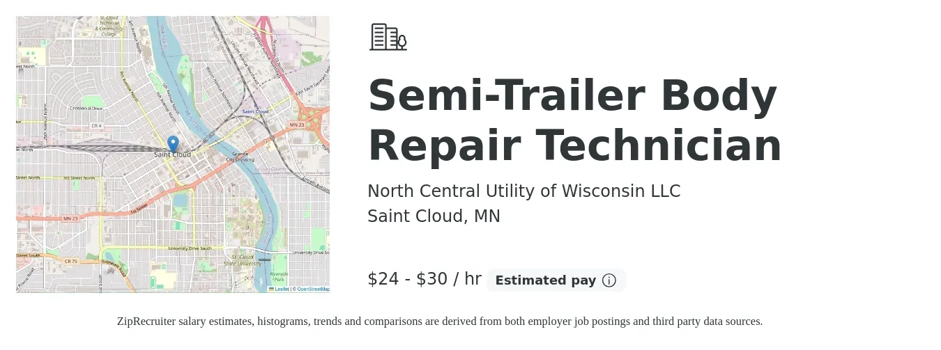 North Central Utility of Wisconsin LLC job posting for a Semi-Trailer Body Repair Technician in Saint Cloud, MN with a salary of $25 to $32 Hourly with a map of Saint Cloud location.