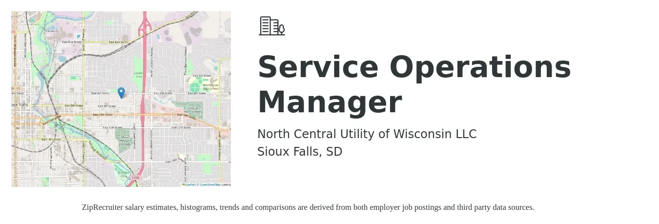North Central Utility of Wisconsin LLC job posting for a Service Operations Manager in Sioux Falls, SD with a salary of $57,800 to $92,000 Yearly with a map of Sioux Falls location.