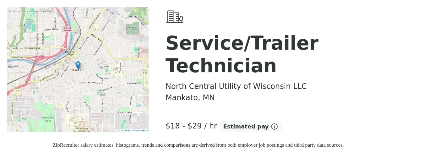North Central Utility of Wisconsin LLC job posting for a Service/Trailer Technician in Mankato, MN with a salary of $19 to $31 Hourly with a map of Mankato location.