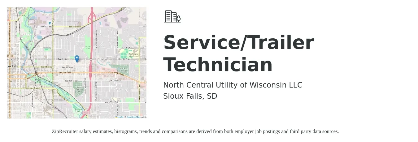 North Central Utility of Wisconsin LLC job posting for a Service/Trailer Technician in Sioux Falls, SD with a salary of $20 to $28 Hourly with a map of Sioux Falls location.