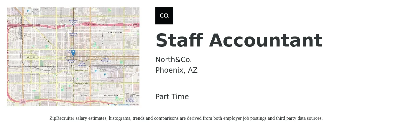 North&Co. job posting for a Staff Accountant in Phoenix, AZ with a salary of $54,500 to $71,900 Yearly with a map of Phoenix location.