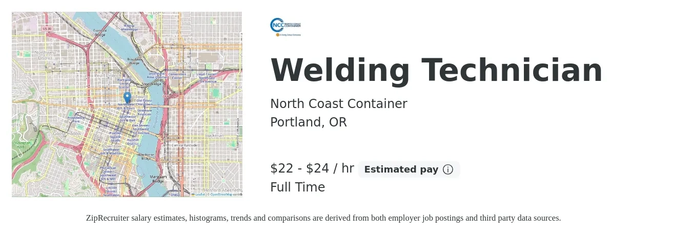 North Coast Container job posting for a Welding Technician in Portland, OR with a salary of $23 to $25 Hourly with a map of Portland location.