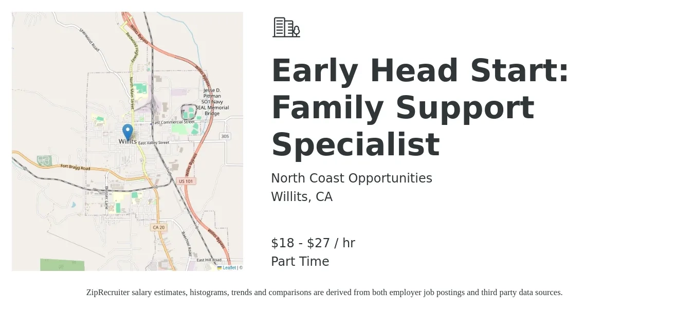 North Coast Opportunities job posting for a Early Head Start: Family Support Specialist in Willits, CA with a salary of $20 to $29 Hourly with a map of Willits location.