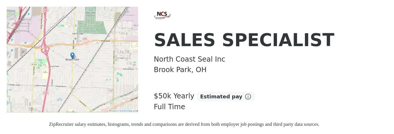 North Coast Seal Inc job posting for a SALES SPECIALIST in Brook Park, OH with a salary of $50,000 Yearly with a map of Brook Park location.