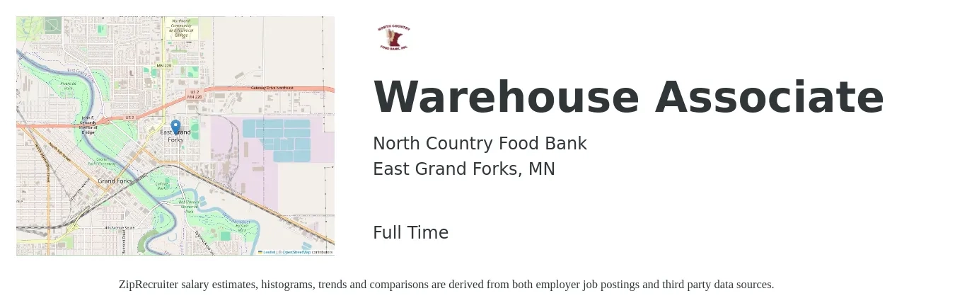 North Country Food Bank job posting for a Warehouse Associate in East Grand Forks, MN with a salary of $16 to $20 Hourly with a map of East Grand Forks location.