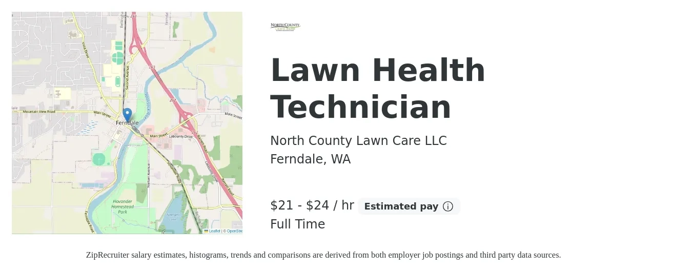 North County Lawn Care LLC job posting for a Lawn Health Technician in Ferndale, WA with a salary of $22 to $25 Hourly with a map of Ferndale location.
