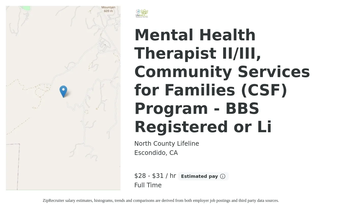 North County Lifeline job posting for a Mental Health Therapist II/III, Community Services for Families (CSF) Program - BBS Registered or Li in Escondido, CA with a salary of $30 to $35 Hourly with a map of Escondido location.
