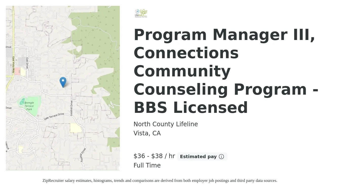 North County Lifeline job posting for a Program Manager III, Connections Community Counseling Program - BBS Licensed in Vista, CA with a salary of $38 to $40 Hourly with a map of Vista location.