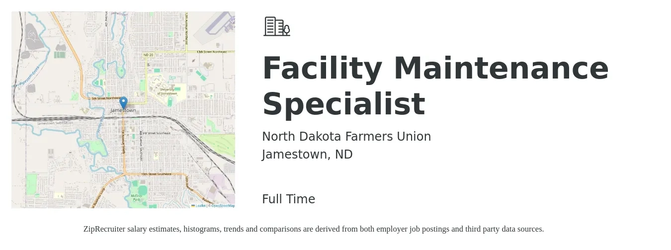 North Dakota Farmers Union job posting for a Facility Maintenance Specialist in Jamestown, ND with a salary of $20 to $28 Hourly with a map of Jamestown location.