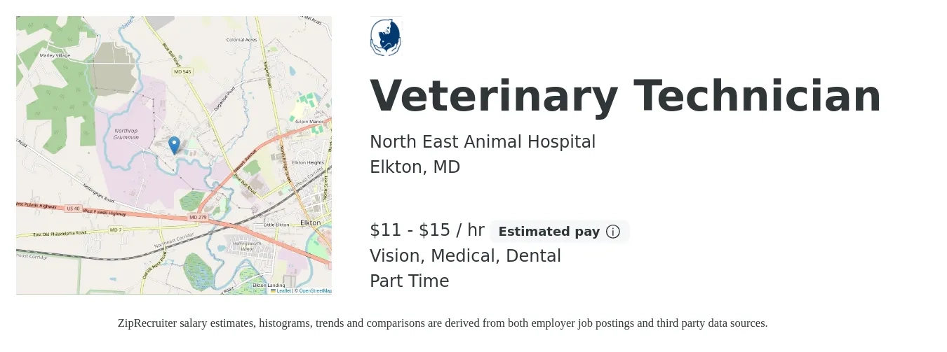 North East Animal Hospital job posting for a Veterinary Technician in Elkton, MD with a salary of $12 to $16 Hourly and benefits including dental, medical, and vision with a map of Elkton location.