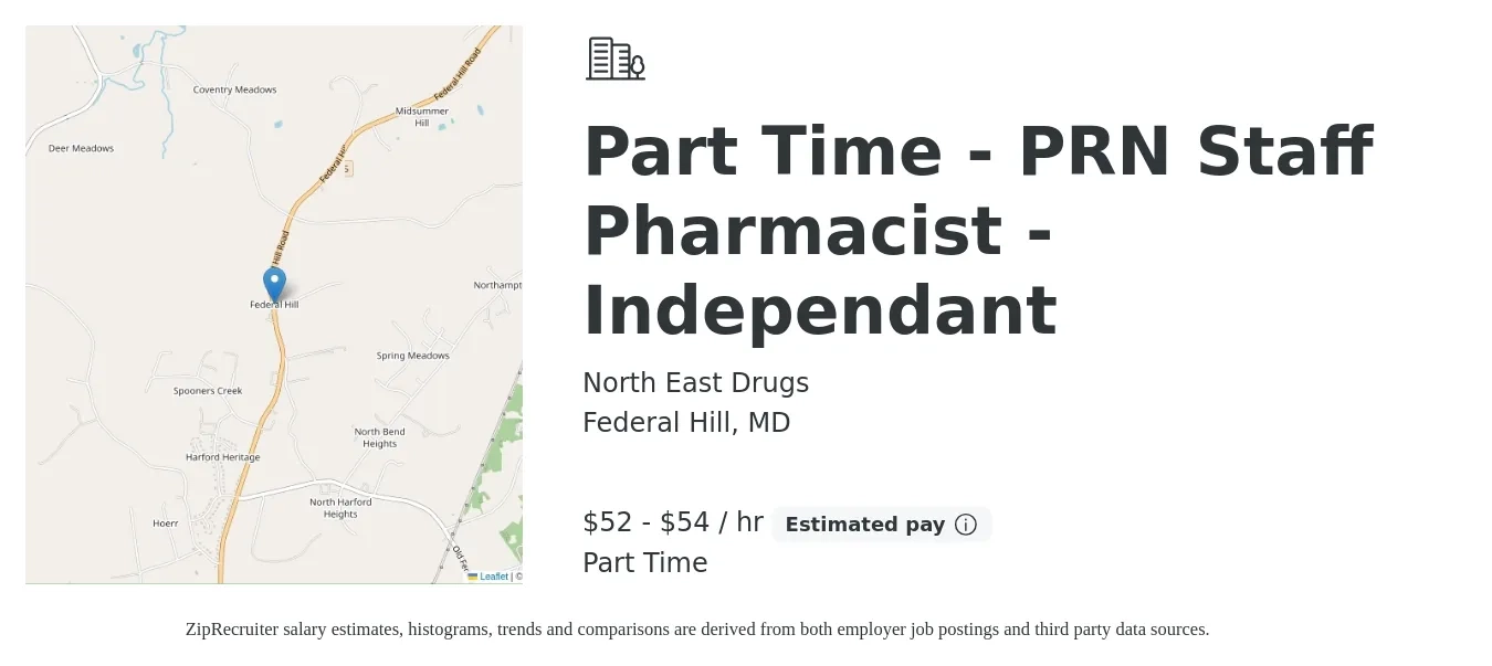 North East Drugs job posting for a Part Time - PRN Staff Pharmacist - Independant in Federal Hill, MD with a salary of $55 to $57 Hourly with a map of Federal Hill location.
