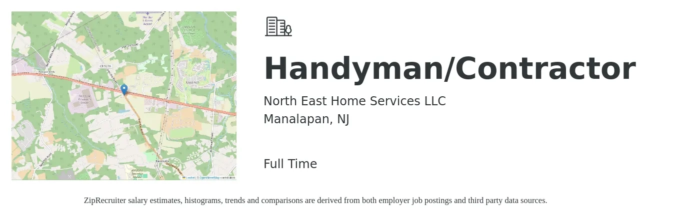 North East Home Services LLC job posting for a Handyman/Contractor in Manalapan, NJ with a salary of $22 to $30 Hourly and benefits including pto with a map of Manalapan location.