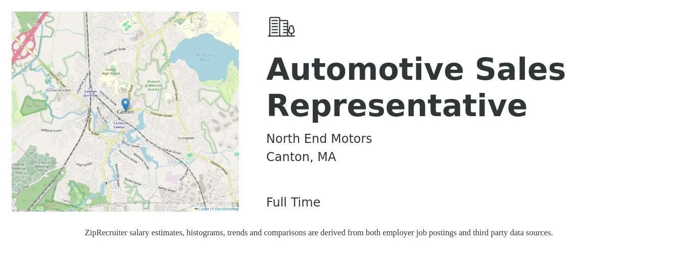 North End Motors job posting for a Automotive Sales Representative in Canton, MA with a salary of $10,000 Monthly with a map of Canton location.