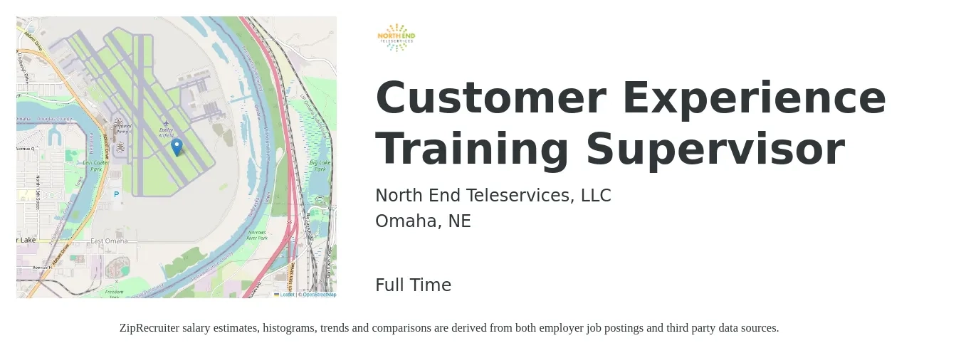 North End Teleservices, LLC job posting for a Customer Experience Training Supervisor in Omaha, NE with a salary of $39,200 to $67,000 Yearly with a map of Omaha location.