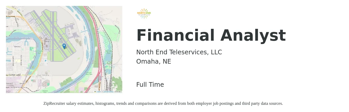 North End Teleservices, LLC job posting for a Financial Analyst in Omaha, NE with a salary of $62,800 to $99,200 Yearly with a map of Omaha location.