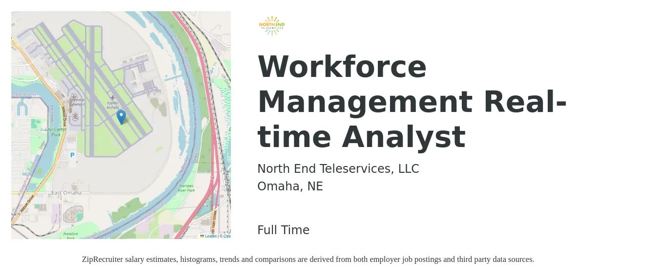 North End Teleservices, LLC job posting for a Workforce Management Real-time Analyst in Omaha, NE with a salary of $51,200 to $118,900 Yearly with a map of Omaha location.