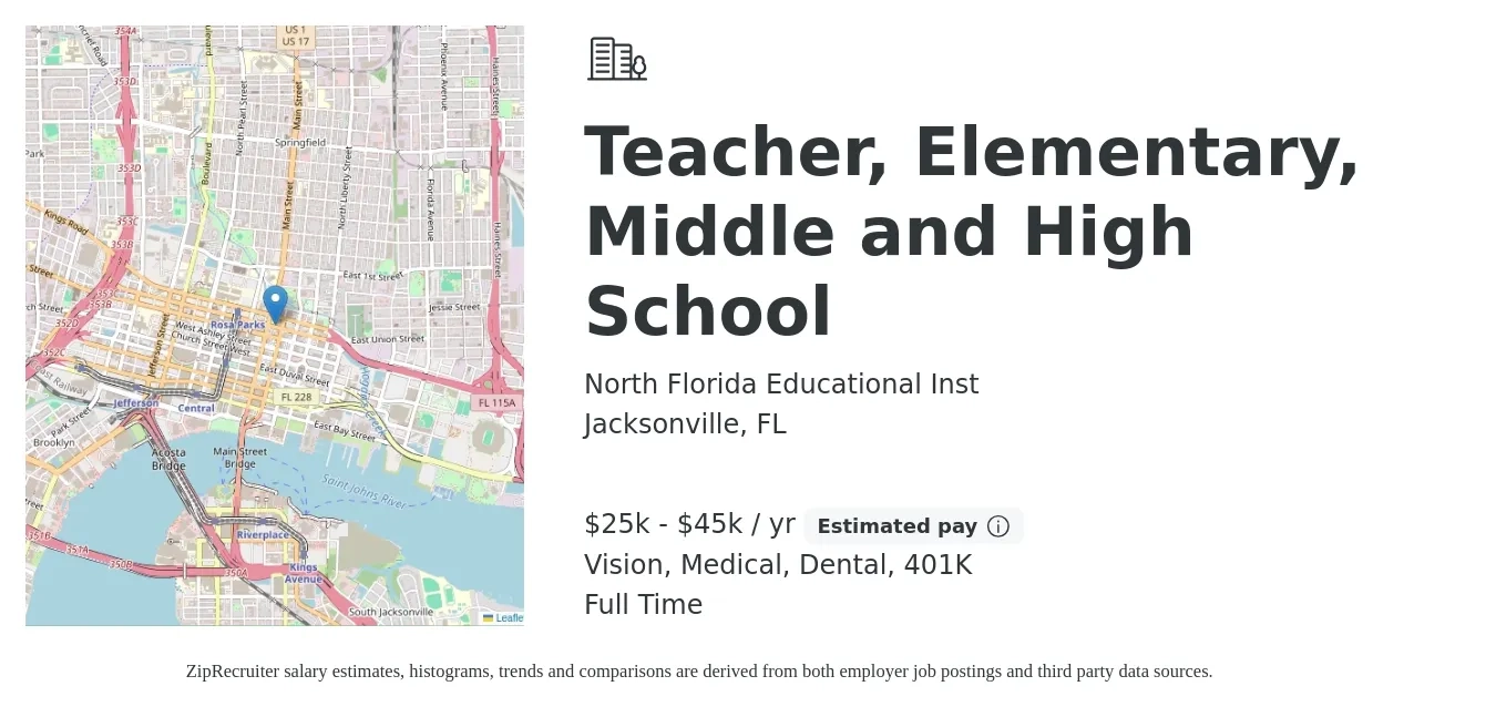 North Florida Educational Inst job posting for a Teacher, Elementary, Middle and High School in Jacksonville, FL with a salary of $25,000 to $45,000 Yearly and benefits including 401k, dental, medical, and vision with a map of Jacksonville location.