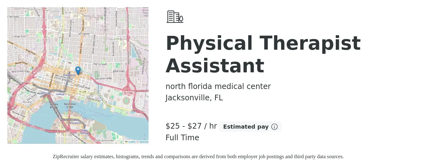 north florida medical center job posting for a Physical Therapist Assistant in Jacksonville, FL with a salary of $27 to $29 Hourly with a map of Jacksonville location.