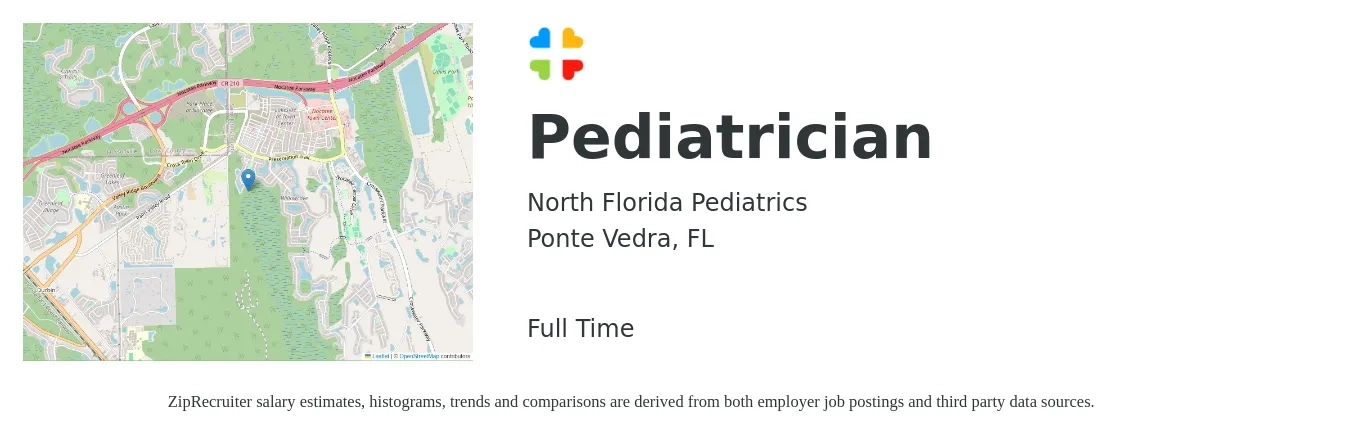 North Florida Pediatrics job posting for a Pediatrician in Ponte Vedra, FL with a salary of $155,000 to $200,600 Yearly with a map of Ponte Vedra location.