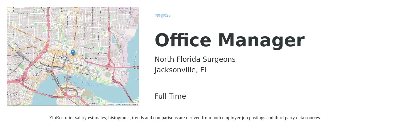 North Florida Surgeons job posting for a Office Manager in Jacksonville, FL with a salary of $36,000 to $53,100 Yearly with a map of Jacksonville location.
