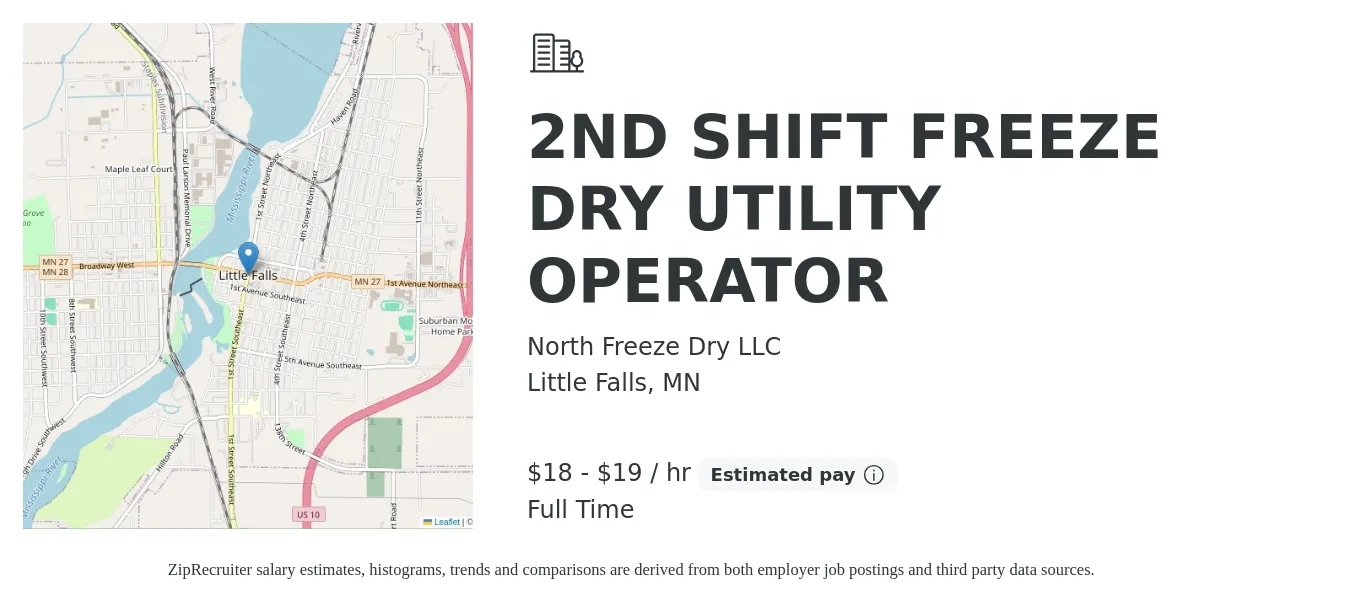 North Freeze Dry LLC job posting for a 2ND SHIFT FREEZE DRY UTILITY OPERATOR in Little Falls, MN with a salary of $19 to $20 Hourly with a map of Little Falls location.