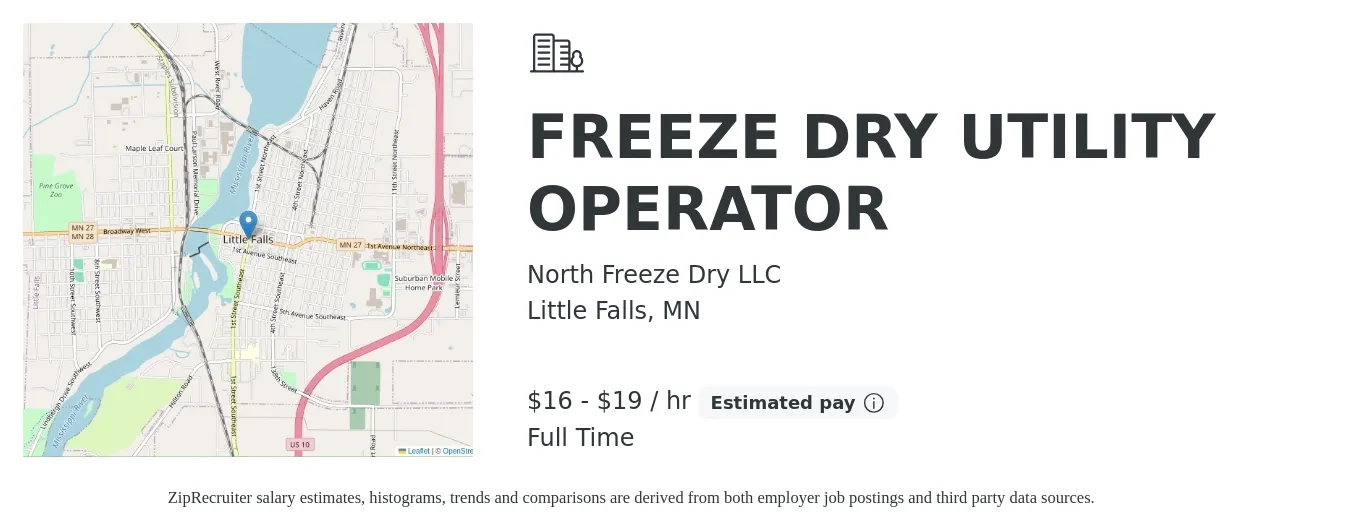 North Freeze Dry LLC job posting for a FREEZE DRY UTILITY OPERATOR in Little Falls, MN with a salary of $17 to $20 Hourly with a map of Little Falls location.