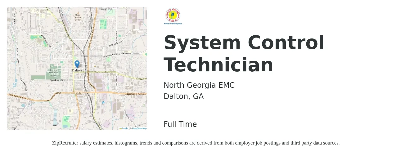 North Georgia EMC job posting for a System Control Technician in Dalton, GA with a salary of $18 to $27 Hourly with a map of Dalton location.
