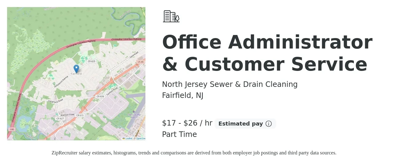 North Jersey Sewer & Drain Cleaning job posting for a Office Administrator & Customer Service in Fairfield, NJ with a salary of $18 to $28 Hourly (plus commission) and benefits including pto with a map of Fairfield location.