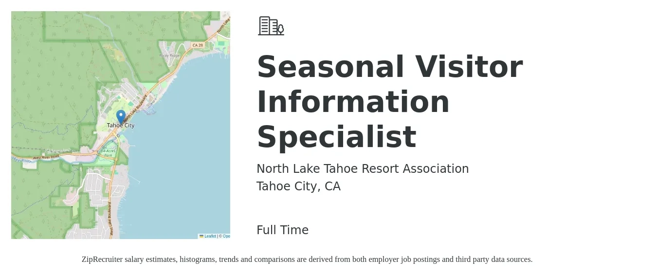 North Lake Tahoe Resort Association job posting for a Seasonal Visitor Information Specialist in Tahoe City, CA with a salary of $89,200 to $89,800 Yearly with a map of Tahoe City location.