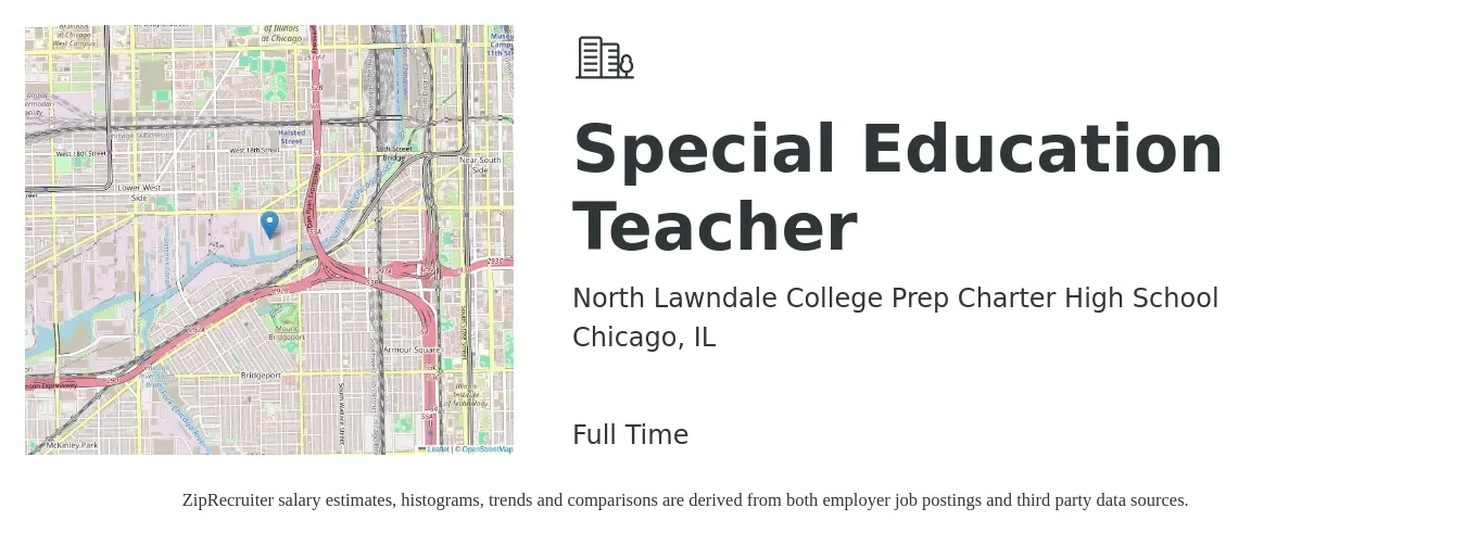 North Lawndale College Prep Charter High School job posting for a Special Education Teacher in Chicago, IL with a salary of $49,800 to $65,800 Yearly with a map of Chicago location.