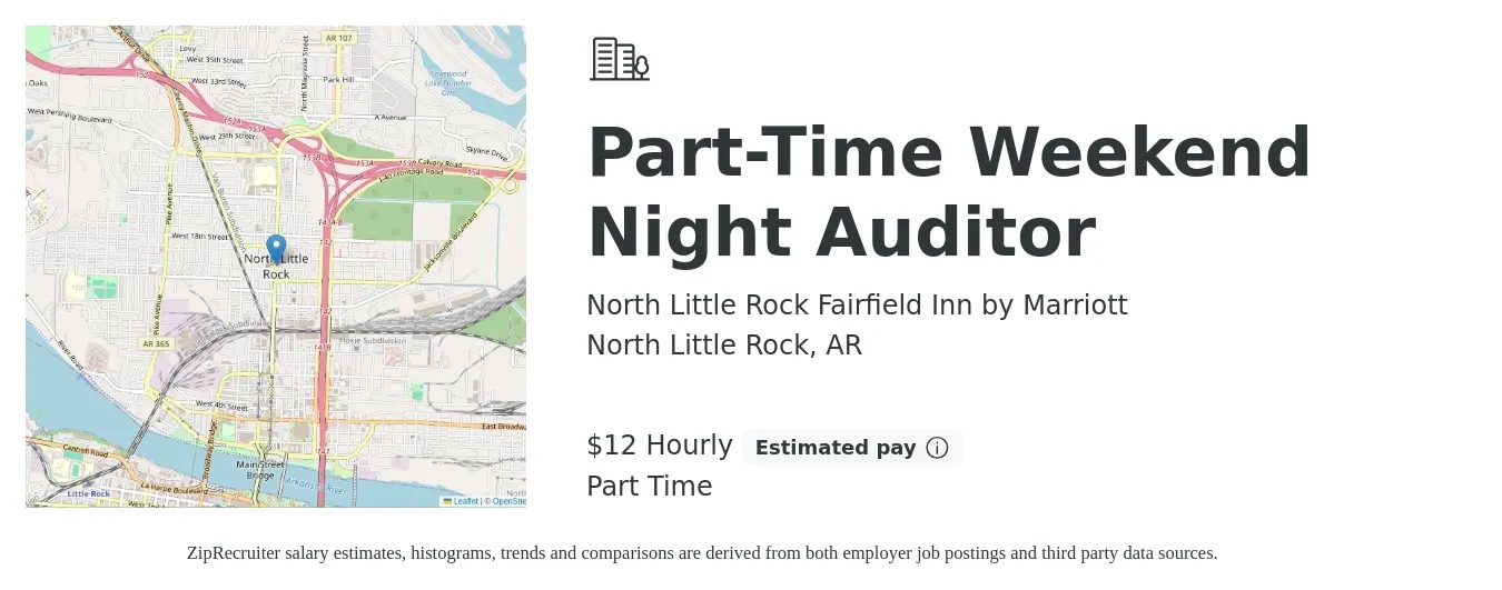 North Little Rock Fairfield Inn by Marriott job posting for a Part-Time Weekend Night Auditor in North Little Rock, AR with a salary of $13 to $14 Hourly with a map of North Little Rock location.