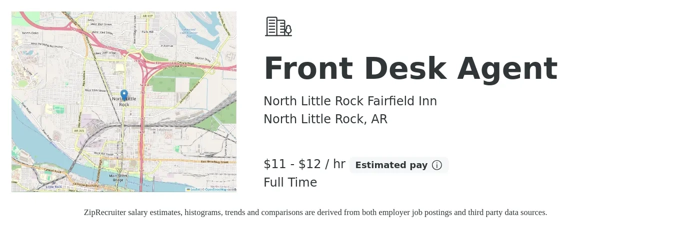 North Little Rock Fairfield Inn job posting for a Front Desk Agent in North Little Rock, AR with a salary of $12 to $13 Hourly with a map of North Little Rock location.