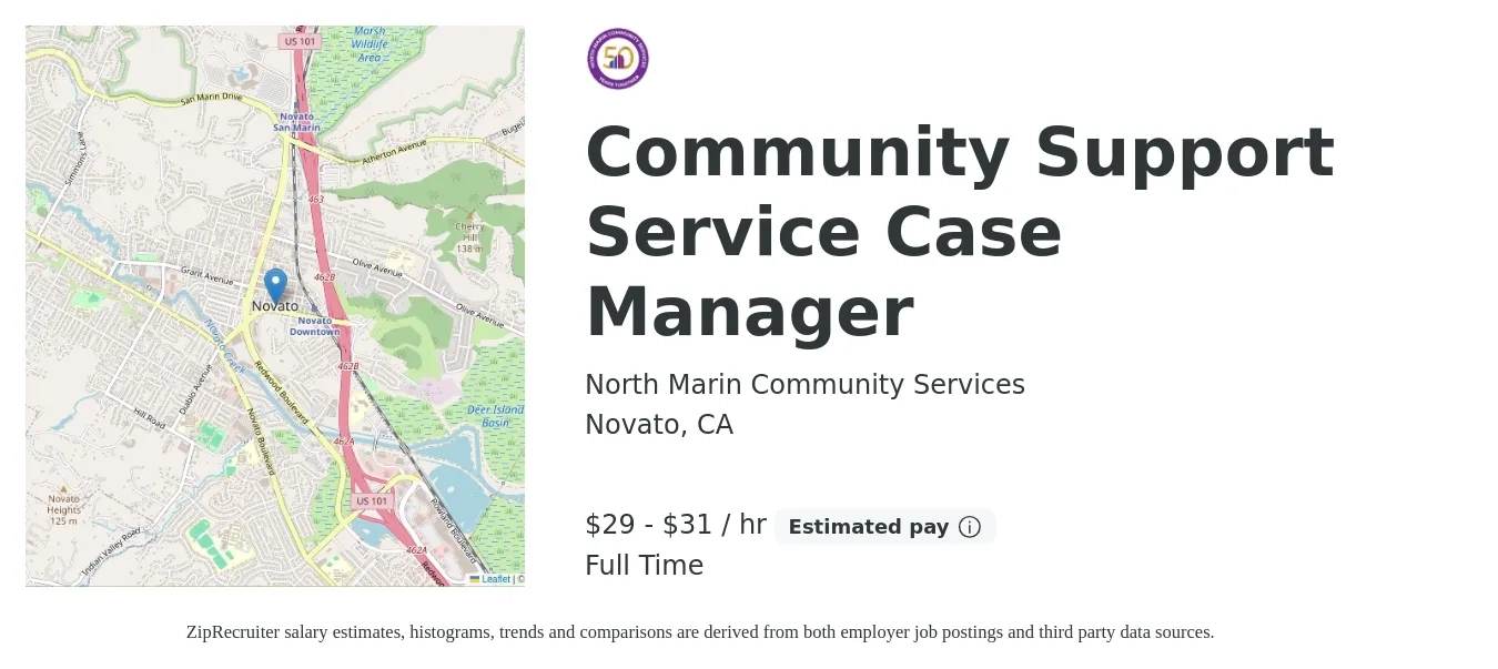 North Marin Community Services job posting for a Community Support Service Case Manager in Novato, CA with a salary of $31 to $33 Hourly with a map of Novato location.