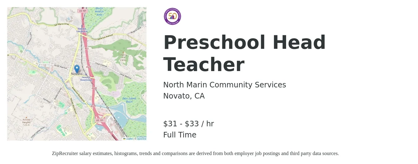 North Marin Community Services job posting for a Preschool Head Teacher in Novato, CA with a salary of $31 to $33 Yearly with a map of Novato location.